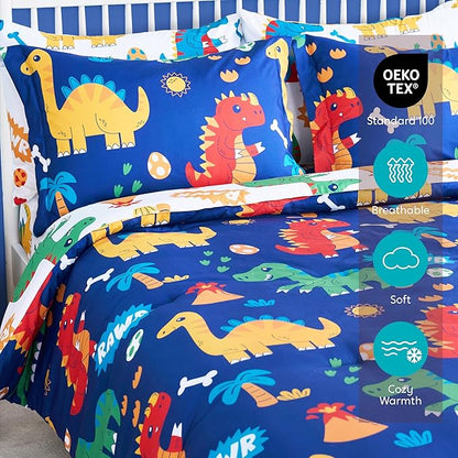 Joiedomi Kid Full Comforter Set 7 Piece Cute Dinosaur Bedding Set for Boys Girls Super Soft Microfiber Bed in a Bag with Comforter Sheets Pillowcase Sham