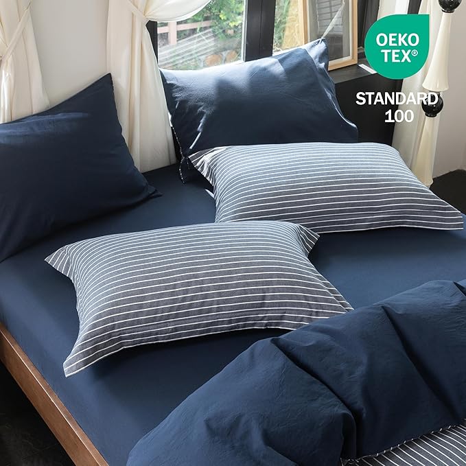 Reversible Duvet Cover Set 100% Washed Cotton Blue Stripe Linen Feel Duvet Cover Full Size with Zipper Closure & 2 Pillow Shams,Navy/White Stripe Reverse Solid Navy