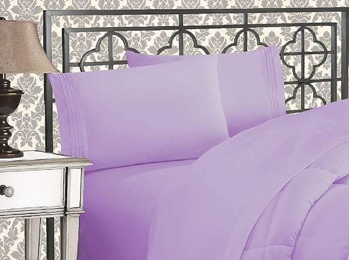 Elegant Comfort Luxurious 1500 Premium Hotel Quality Microfiber Three Line Embroidered Softest 4-Piece Bed Sheet Set, Wrinkle and Fade Resistant, California King, Lavender