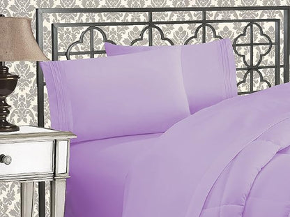 Elegant Comfort Luxurious 1500 Premium Hotel Quality Microfiber Three Line Embroidered Softest 4-Piece Bed Sheet Set, Wrinkle and Fade Resistant, California King, Lavender