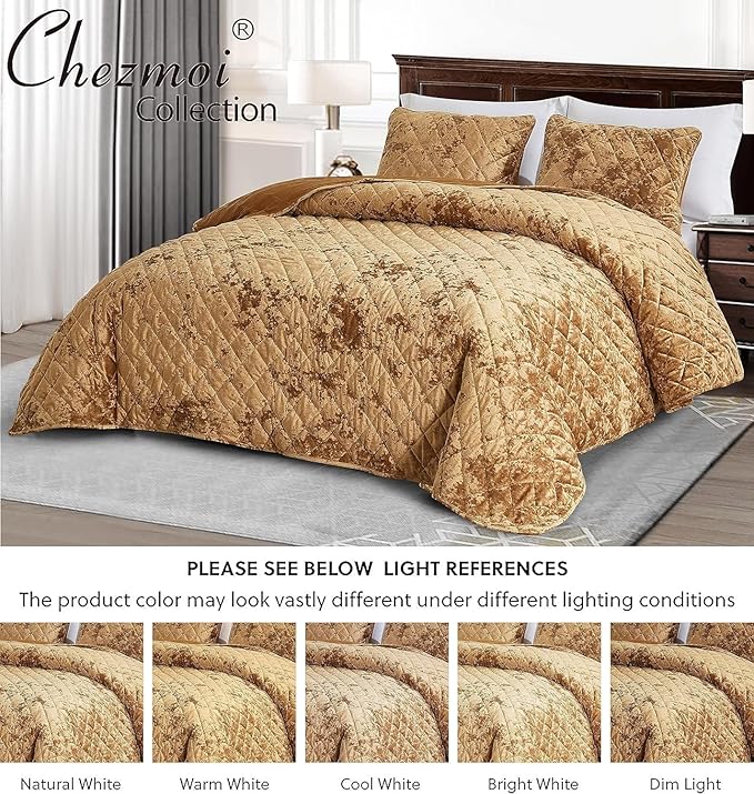 Chezmoi Collection Lux Caramel Gold Velvet Quilt Oversized King Set, 3-Piece Plush Distressed Velvet Bedding All Season Lightweight Comforter Brushed Microfiber Reverse with Diamond Stitch Quilting