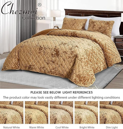 Chezmoi Collection Lux Caramel Gold Velvet Quilt Oversized King Set, 3-Piece Plush Distressed Velvet Bedding All Season Lightweight Comforter Brushed Microfiber Reverse with Diamond Stitch Quilting
