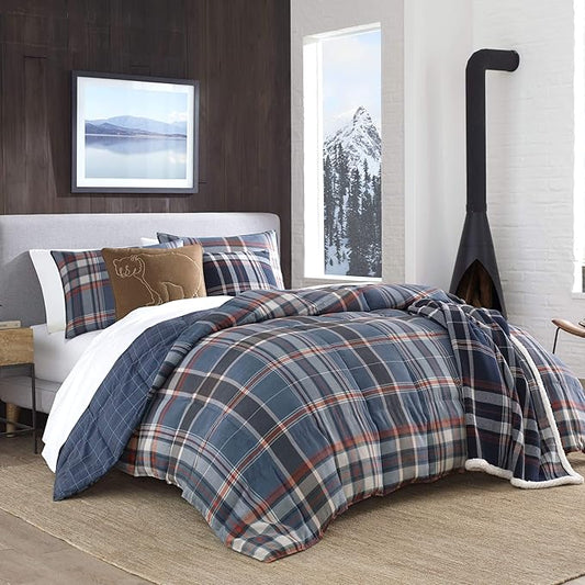 Eddie Bauer - Twin Comforter Set, Reversible Down Alt Bedding with Matching Sham, Oeko-Tex Certified, Dorm Essentials (Shasta Lake Navy)