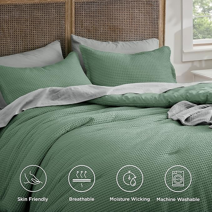 Bedsure Waffle Comforter Set King, Green Soft Bedding, Waffle Weave Bed Set, 3 Pieces, 1 Comforter (104"x90") and 2 Pillow Shams, Cotton Shell and Polyester Lining for All Seasons