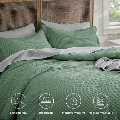 Bedsure Waffle Comforter Set King, Green Soft Bedding, Waffle Weave Bed Set, 3 Pieces, 1 Comforter (104"x90") and 2 Pillow Shams, Cotton Shell and Polyester Lining for All Seasons