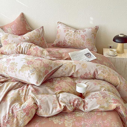 VM VOUGEMARKET Pastoral Double Layer Gauze Cotton Duvet Cover Set – Peach Blush Floral Jacquard,Cozy Reversible Vintage Bedding Set King Size