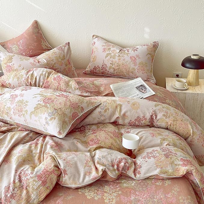 VM VOUGEMARKET Vintage Floral Double Gauze Duvet Cover Set Queen – Blush Peach Jacquard, Reversible Breathable Cotton Bedding, Rustic Pastoral Style for Cozy Family Bedrooms