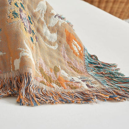 Boho Throw Blanket for Bed 90”x98”, 100% Cotton Woven Blanket for Couch Sofa, Ultra Soft 4-Layer Muslin Quilt with Floral Printed, Farmhouse Bed Blanket/Cover for Living Room Decor