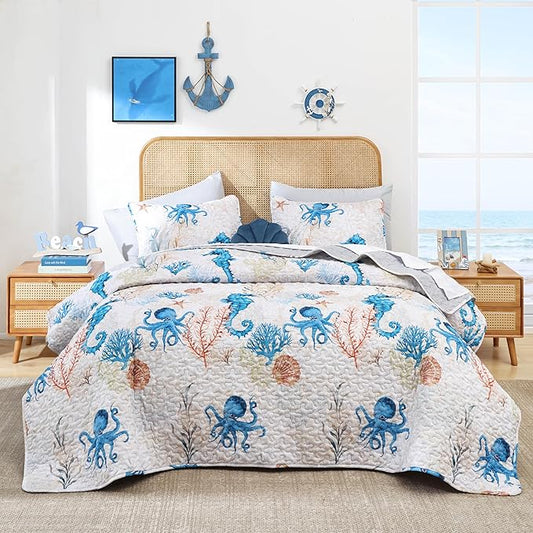 weigelia Coastal Quilts Bedding Set Twin Size - Summer Nautical Bedding Quilt with Pillow Cases, Beach Quilt Set Ocean Blue Seahorse Bedspreads Coverlet Soft Lightweight Comforter