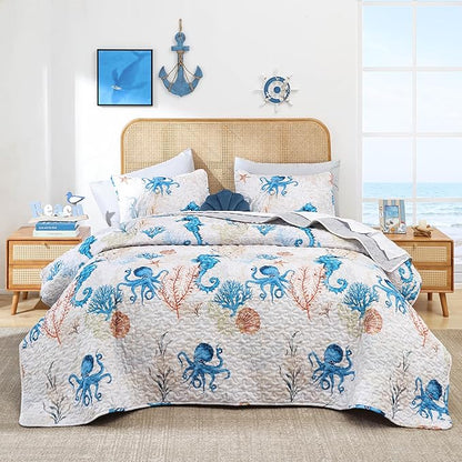 weigelia Coastal Quilts Bedding Set Queen Size - Summer Nautical Bedding Quilt with Pillow Cases, Beach Reversible Quilt Set Ocean Blue Seahorse Bedspreads Coverlet Soft Lightweight Comforter