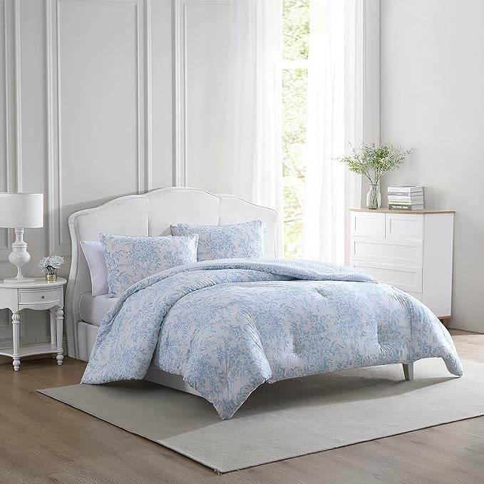 Laura Ashley - Queen Comforter Set, Soft & Reversible Cotton Floral Bedding with a Medium Weight Feel, 3 Piece Bed Set with Matching Pillowcases (Bedford Blue)