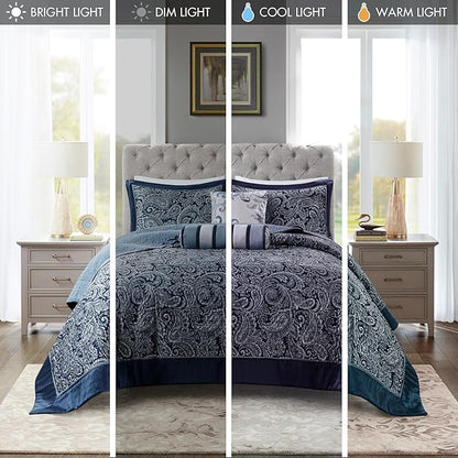 Madison Park Aubrey Reversible Quilted Bedspread Set, Solid Reverse Summer Breathable, Lightweight All Season Bedding Layer, Matching Shams, Bedspread Queen(102"x118"), Navy 5 Piece