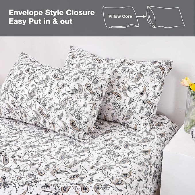 JSD Grey Paisley Printed Sheet Set Queen Size, 4 Piece Soft Retro Pattern Microfiber Sheets Extra Deep Pocket