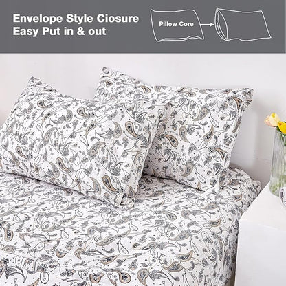 JSD Grey Paisley Printed Sheet Set Queen Size, 4 Piece Soft Retro Pattern Microfiber Sheets Extra Deep Pocket