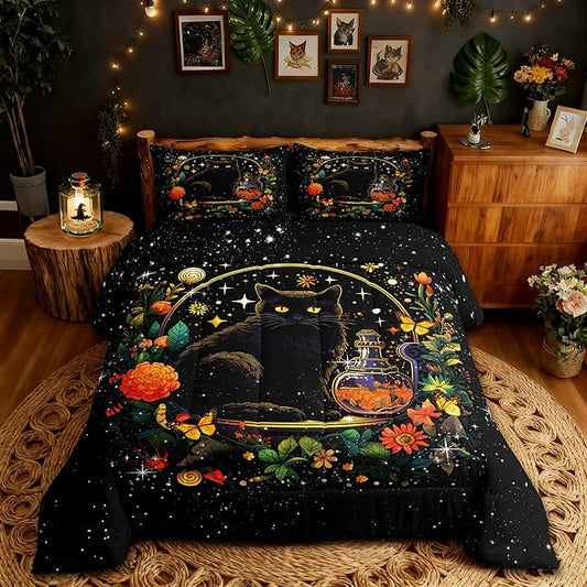 Kids Cartoon Cat Bedding Set Queen Size,Colorful Flower Butterfly Leaves Botanical Comforter Set Bright Starry Sky Girls Boys Quilt Set Black Pet Animals Duvet Insert Boho Style,2 Pillowcases