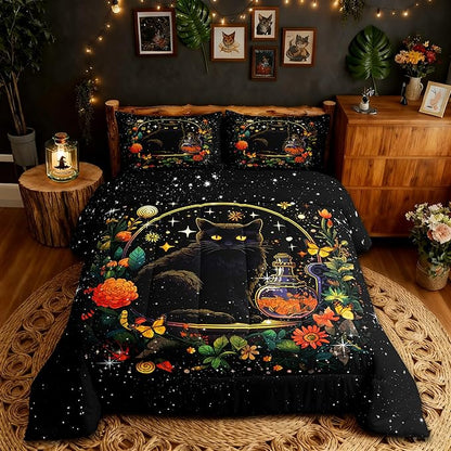 Kids Cartoon Cat Bedding Set Twin Size,Colorful Flower Butterfly Leaves Botanical Comforter Set Bright Starry Sky Girls Boys Quilt Set Black Pet Animals Duvet Insert Boho Style,1 Pillowcase