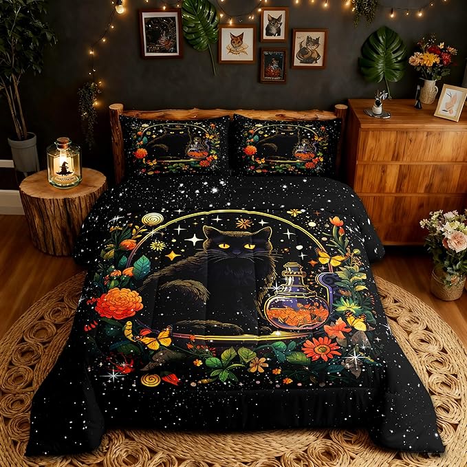 Kids Cartoon Cat Comforter Set Full Size,Colorful Flower Butterfly Leaves Botanical Bedding Set Bright Starry Sky Girls Boys Quilt Set Black Pet Animals Duvet Insert Boho Style,2 Pillowcases