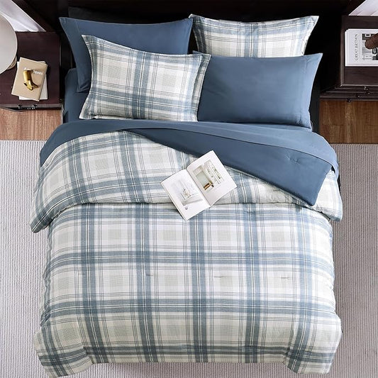 MaiRêve Plaid Full Comforter Sets, Blue Grey Grid Farmhouse Bedding Set Bed in A Bag, Classic Checkered Comforter Sets with Fitted & Flat Sheet, Pillowcases & Shams(Blue Grey, 80"x90")