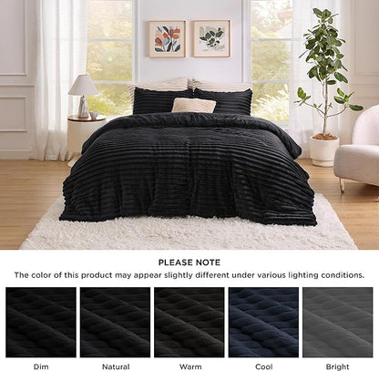 Bedsure King Comforter - GentleSoft™ 3 Pieces Double-Side Fleece Fluffy Black Comforter Set, Cozy Striped Room Decor Aesthetic, Luxury King Size Bedding with 2 Pillowcases, 104x90 Inches