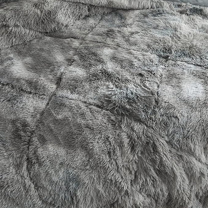 Wajade Faux Fur Plush Tie Dye Grey White Comforter Set Fluffy Fuzzy Shaggy Bedding Set - 3PC Full/Queen Microfiber Soft Warm Quilt Set
