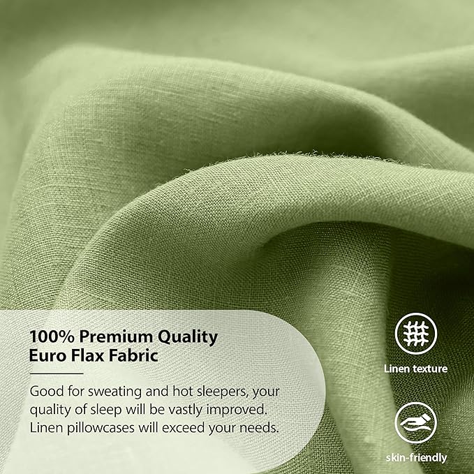 Simple&Opulence 100% Linen Pillowcases Basic Style Solid Color Set of 2, Queen Size Stone Washed Flax Pillow Cover Envelope Closure (20''x30'', Sage Green)