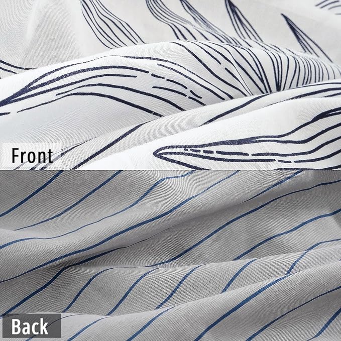 Botanical Cotton Comforter King Size - White Comforter with Delicate Black Leaves Patterns,Grey Reversible Lightweight Bedding Sets 3Pcs(Stripes)