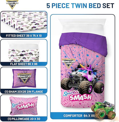 Jay Franco Kids Comforter Set Includes Sheets and Pillow Covers - Soft and Cozy Bed Set for Stylish Room Decor, Pink - Monster Jam, 5 Piece Twin Bedding