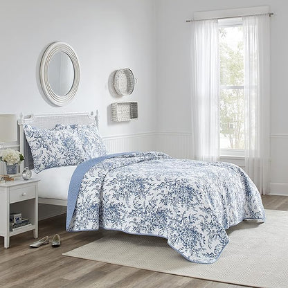 Laura Ashley - Twin Quilt Set, Soft & Reversible Cotton Floral Bedding with a Medium Weight Feel, 2 Piece Bed Set with Matching Pillowcases (Bedford Delft Blue)