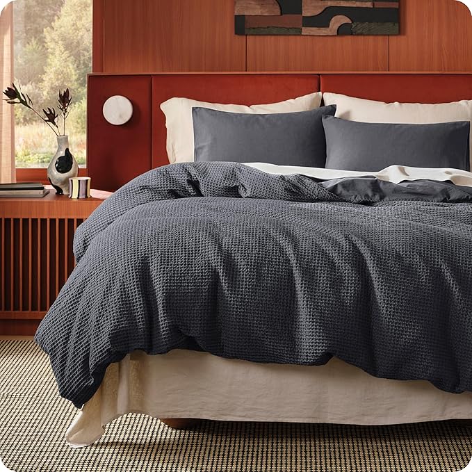 Bedsure Cotton Duvet Cover King Size - 100% Cotton Waffle Weave Charcoal Duvet Cover, PureWoven Textured Breathable Bedding Comforter Cover for All Season, 1 Duvet Cover Only 104"x90"
