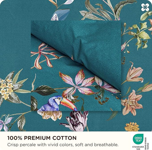 Bedsure Floral Duvet Cover Queen Size - 100% Cotton Reversible Vintage Teal Bird Duvet Cover Set, 3 Pieces Soft & Breathable PureWoven Bedding Set with 2 Pillow Shams (Chinoiserie Teal 90"x90")