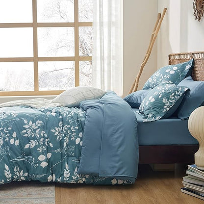 Bedsure Twin Comforter Set - 5 Pieces Floral Mineral Blue Soft Bedding Sets, Twin Bed in a Bag with Botanical Flowers Comforter, Sheets, Pillowcase & Sham