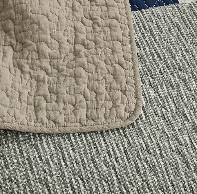Chezmoi Collection Addy 3-Piece Navy Blue White Gray Taupe Plaid Patchwork Quilt Set - Pre-Washed Cotton Coverlet - Lightweight Reversible Bedspread, Queen Size