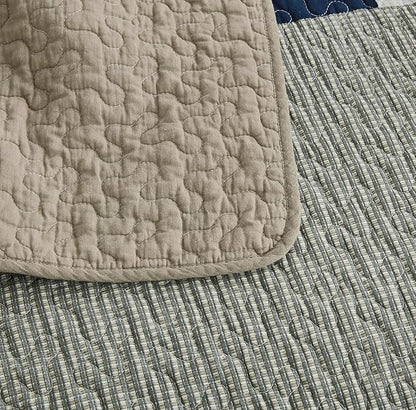 Chezmoi Collection Addy 2-Piece Navy Blue White Gray Taupe Plaid Patchwork Quilt Set - Pre-Washed Cotton Coverlet - Lightweight Reversible Bedspread, Twin Size