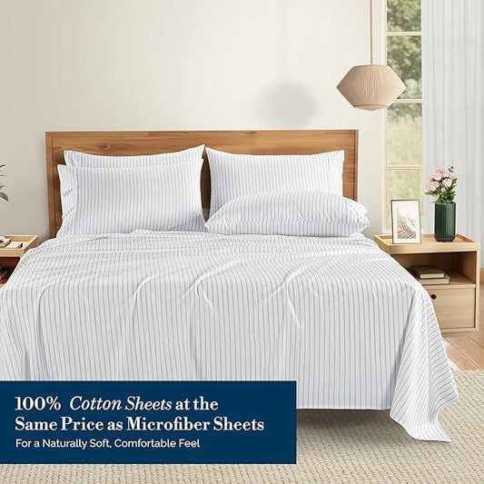 Casa Platino King Size Bed Sheets– Crisp & Cool Percale Weave 100% Cotton Bed Sheets King Size with 4 Pillowcases, 15" Deep Pocket Fitted Sheet, Long-Lasting for Cozy Sleep in All Seasons – Skylure