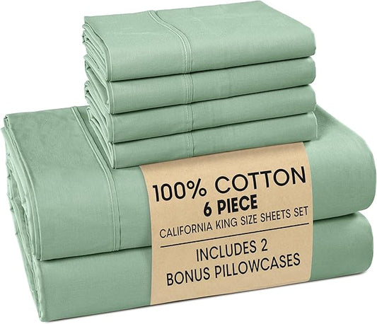 Casa Platino Cal King Bed Sheets – 100% Cotton Sheets with 4 Pillowcases, Crisp Percale Weave & Cozy Feel, Cooling & Breathable Cal King Sheet Set with 15" Deep Pocket, Excellent Quality – Sage Green