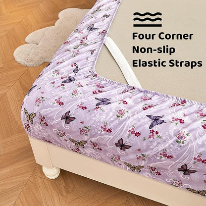 Softan Floral King Bed Sheets, Purple Paisley Flower Printed Sheet Set - Brushed Microfiber King Fitted Sheet with 15" Deep Pocket and Corner Straps, Butterfly Patterned Sheet & Pillowcase Sets
