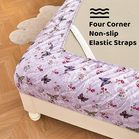 Softan Floral King Bed Sheets, Purple Paisley Flower Printed Sheet Set - Brushed Microfiber King Fitted Sheet with 15" Deep Pocket and Corner Straps, Butterfly Patterned Sheet & Pillowcase Sets