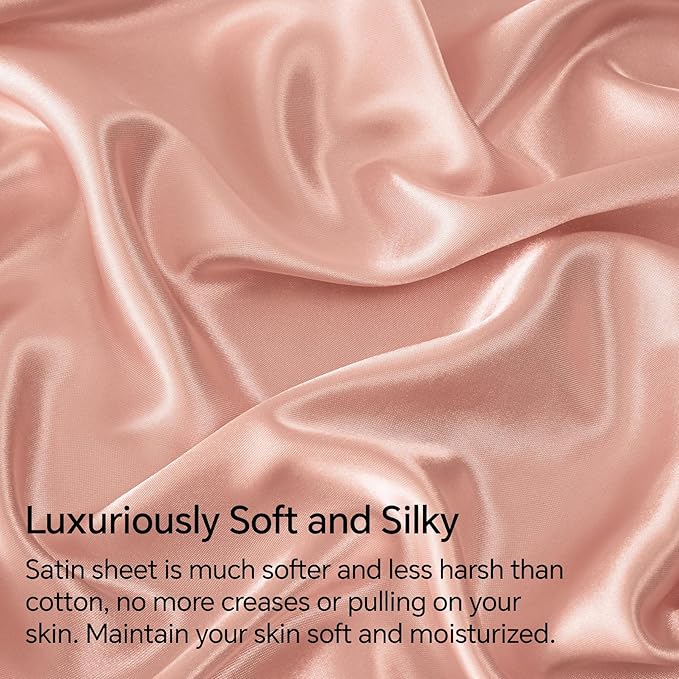 BEDELITE Satin Sheets Twin XL Size Bed Set, Luxury Soft Coral Pink Silky Sheets for Hair and Skin, Similar to Silk Bed Sheets Set 3 Pieces with 1 Deep Pocket Fitted Sheet, 1 Flat Sheet, 1 Pillowcase