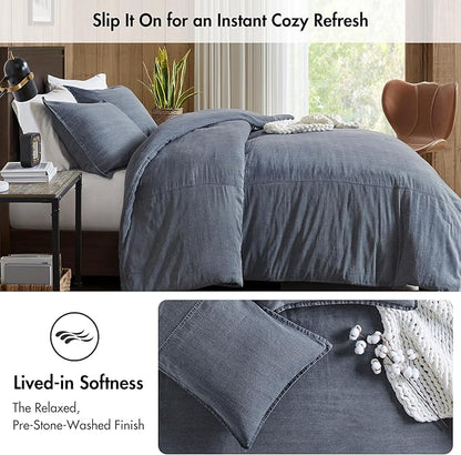 Woolrich Queen Duvet Cover Set Cotton Stone Washed, Oversized Duvet Cover for Queen Size Bed, All Season Soft Queen Size Bedding Cover, McKenzie, Full/Queen Blue 3 Piece