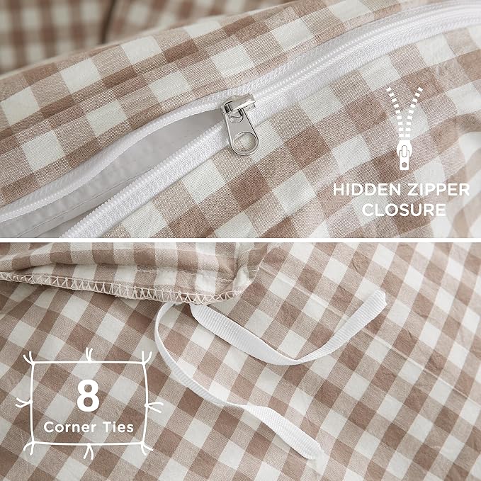 TOCOMOA Tan Gingham Duvet Cover Bedding Set 100% Washed Cotton Like Linen Feel Super Soft Comfy 3 Piece Brown Plaid Checkered Comforter Cover Set (California King 104"x98", Comforter Not Included)