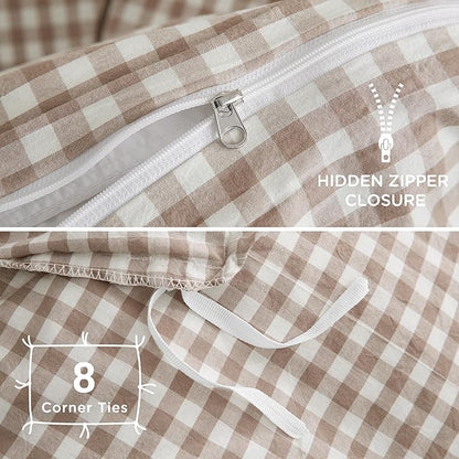 TOCOMOA Tan Gingham Duvet Cover Bedding Set 100% Washed Cotton Like Linen Feel Super Soft Comfy 3 Piece Brown Plaid Checkered Comforter Cover Set (California King 104"x98", Comforter Not Included)