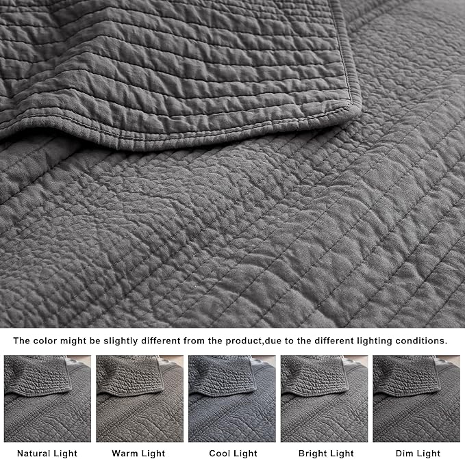 palassio Striped Dark Grey 100% Cotton Quilt King Size Bedding Sets, Lightweight Crinkly Channel Pick Stitch Textured Bedspread Soft Shabby Chic Farmhouse Country Coverlet for All Season, 2 Shams