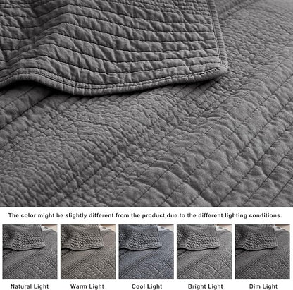 palassio Striped Dark Grey 100% Cotton Quilt Twin Size Bedding Sets, Lightweight Crinkly Channel Pick Stitch Textured Bedspread Soft Shabby Chic Farmhouse Country Coverlet for All Season, 1 Sham