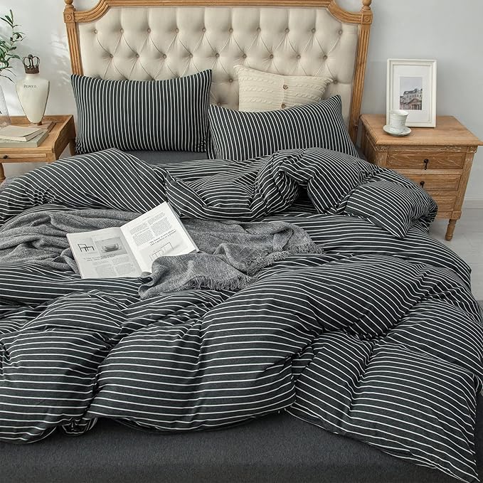 PURE ERA Jersey Knit Duvet Cover Set 100% T-Shirt Heather Cotton Super Soft Comfy Classic Striped Design, with Zipper Closure, Black & White Pinstripe, King