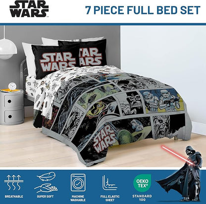 Jay Franco Star Wars Comic Book Full Size Comforter Set - 7 Piece Bedding Includes Sheet Set & Pillow Covers - Super Soft Cozy Kids Bedding