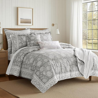 Levtex Home Adare Grey Reversible Queen Duvet Cover Set (90x94in) with 2 Pillowcases (26x20in) - Floral Bedding - Grey and White - 100% Cotton Queen Size Duvet Cover Set - Soft, Pre-Washed
