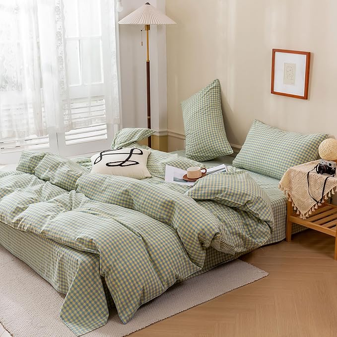 EAVD Mini Blue Yellow Plaid Duvet Cover Queen Soft Cotton Reversible Grid Plaid Bedding Set with 2 Pillowcases Modern Style Geometric Grid Plaid Pattern Duvet Cover with Zipper Closure