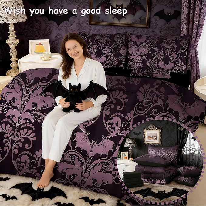 Erosebridal Gothic Damask 7 Piece Comforter Set Full Bed in a Bag,Halloween Bat Bedding Sets Purple Victorian Floral Goth Sheet Set with Comforter