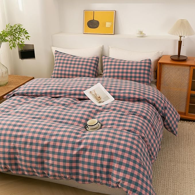 ECOCOTT Duvet Cover Oversized King Size, 100% Washed Cotton Linen-Like Soft & Breathable, Durable Comfy Bedding Set for All Seasons, Purple Pink Plaid