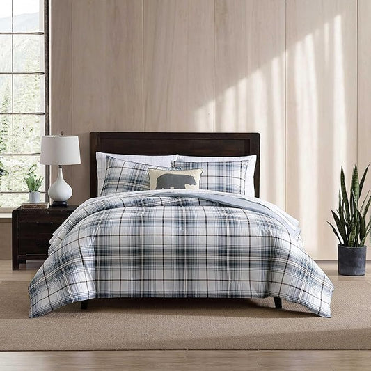 Eddie Bauer - Queen Comforter Set, Crisp & Tailored Cotton Percale Reversible Bedding, Lightweight 3 Piece Bed Set with Matching Pillowcases (Alder Blue/Grey)